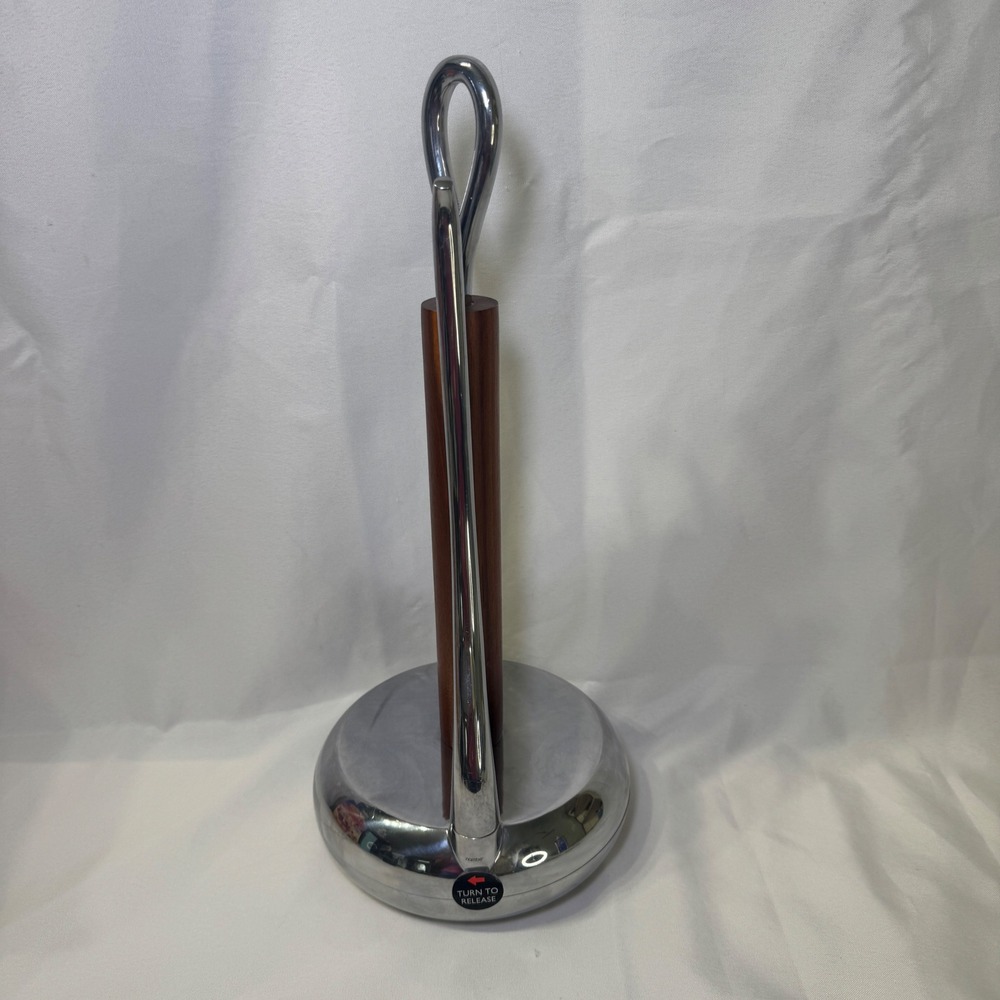 Nambe Twist Paper Towel Holder Stainless Steel Acacia Wood Weighted Base 5lb